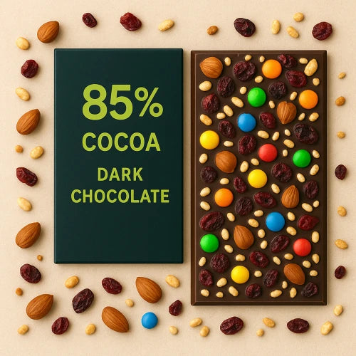 טבלת שוקולד מריר 85 אחוז קקאו עם מגוון תוספות